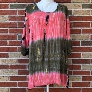 dressbarn Tie Dye Orange Pink Green 3/4 Sleeve Pullover Top ✌️